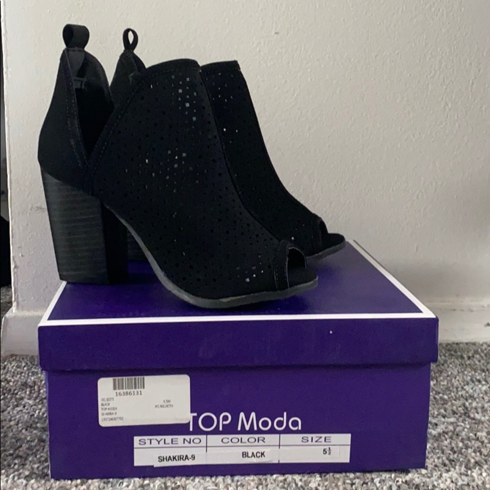 Never worn, black peep toe ankle booties